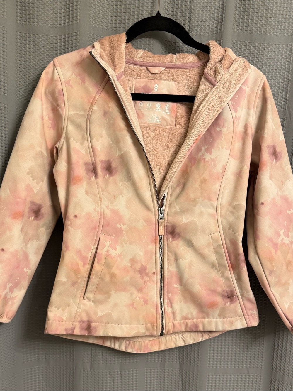Free Country Girls Softshell Fleece Lined Hooded Jacket Pink Tie Dye LG 10/12